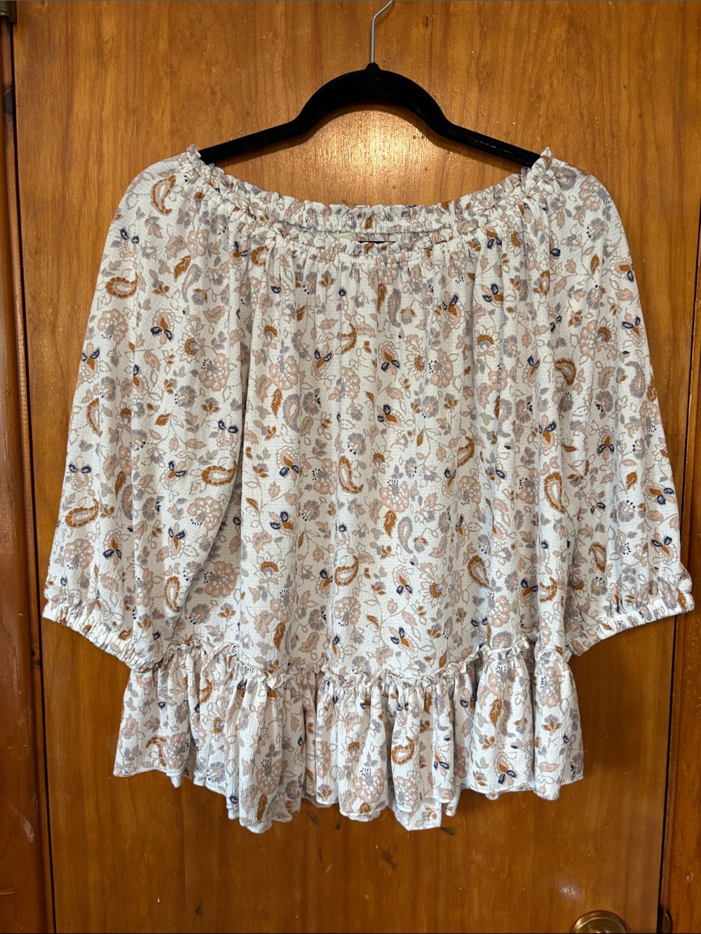 MELLODAY Cream Floral Boho Peasant Top with Tan and Navy Accents - Size M